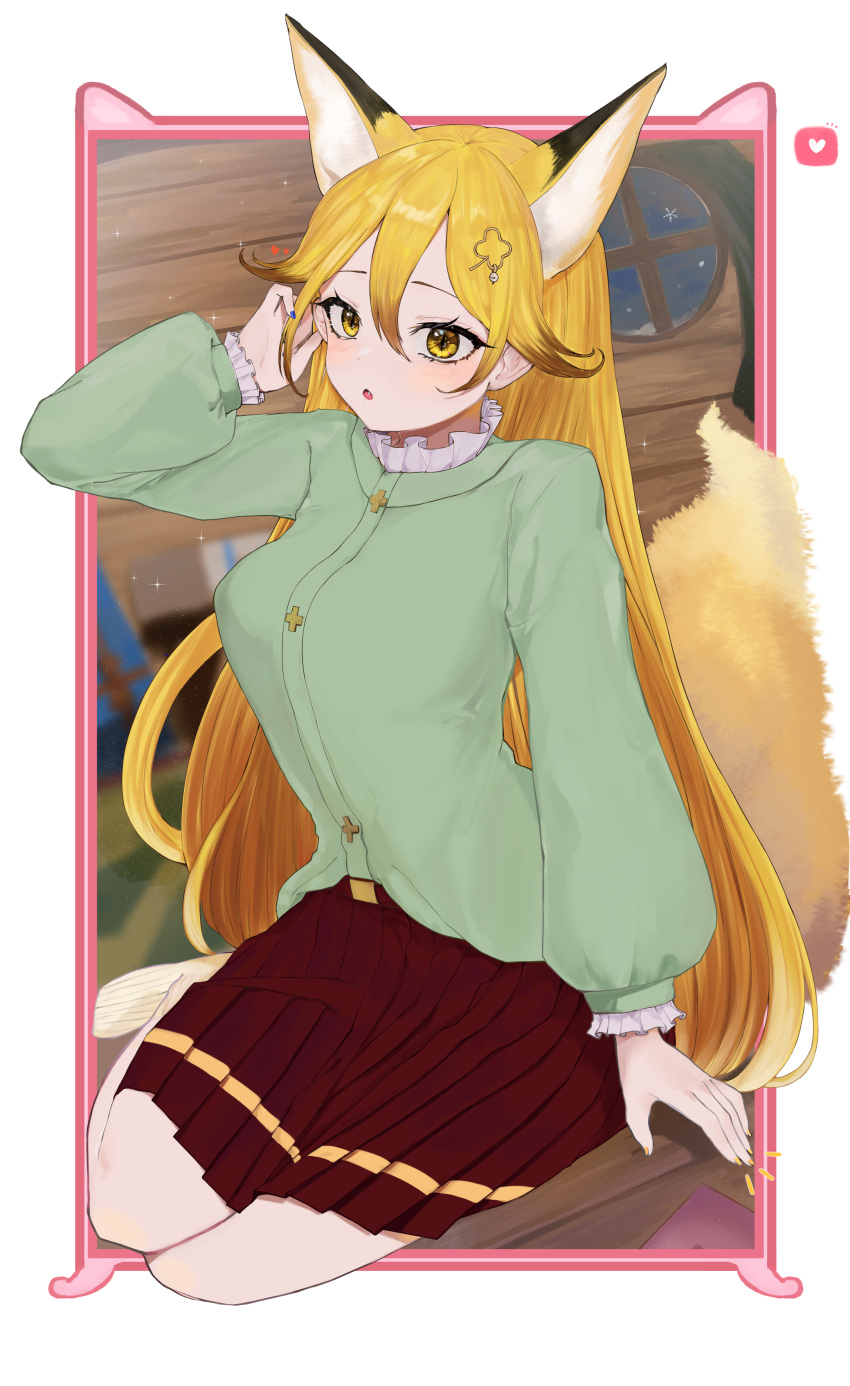 absurdres alternate_costume animal_ears blush brown_hair casual collar commentary_request dnsdltkfkd extra_ears eyebrows_visible_through_hair ezo_red_fox_(kemono_friends) fox_ears fox_girl fox_tail frilled_collar frilled_sleeves frills green_sweater hair_ornament hand_in_hair highres kemono_friends kemono_friends_3 long_hair long_sleeves multicolored_hair no_shoes orange_hair pantyhose pleated_skirt puffy_sleeves red_skirt sidelocks sitting skirt sweater tail white_collar white_legwear yellow_eyes yokozuwari