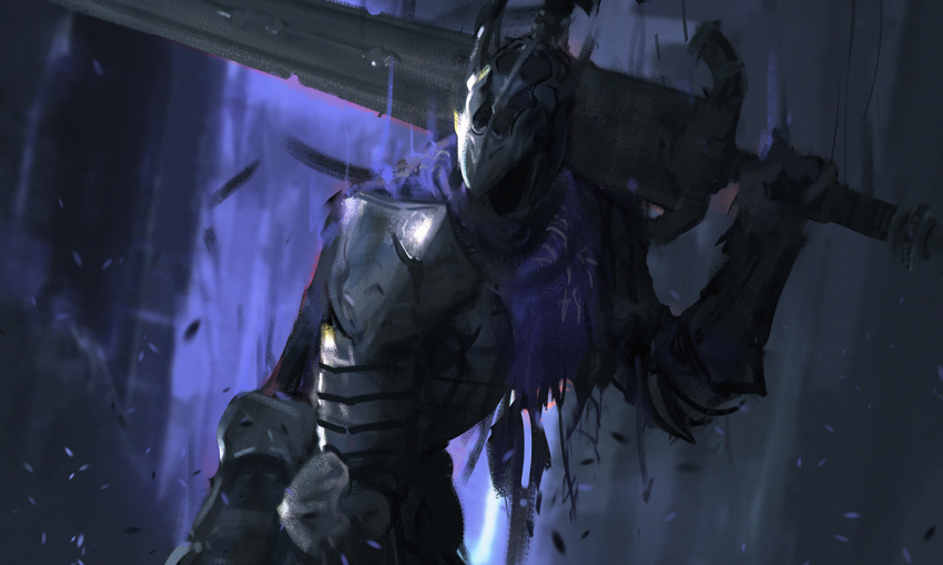 1boy armor artorias_the_abysswalker blue_capelet breastplate capelet dark_souls faceless faceless_male greatsword helmet holding holding_sword holding_weapon knight male_focus over_shoulder pauldrons shoulder_armor sketch snatti solo souls_(from_software) sword upper_body weapon weapon_over_shoulder