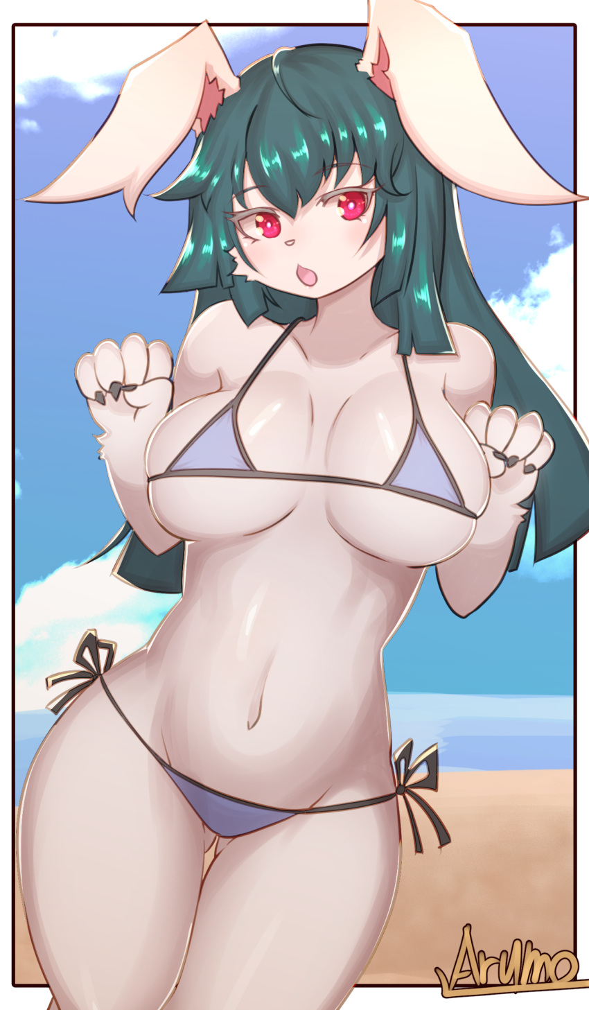 1girl absurdres animal_ears artist_name ass_visible_through_thighs bangs bare_shoulders beach bikini blue_bikini blue_sky blush border breasts claws clouds collarbone commentary day dutch_angle eyebrows_visible_through_hair furry green_hair groin hands_up highres horizon large_breasts long_hair looking_at_viewer navel ocean open_mouth original outside_border rabbit_ears rabbit_girl red_eyes ryuusui_arumo sand shiny shiny_hair shiny_skin side-tie_bikini signature skindentation sky solo standing stomach string_bikini swimsuit under_boob water white_border