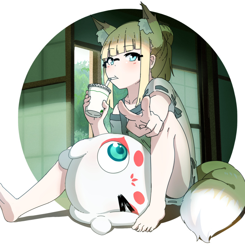 1girl animal_ears aqua_eyes bangs barefoot blonde_hair blunt_bangs creature cup drinking drinking_straw drinking_straw_in_mouth extra_ears fox_ears fox_girl fox_tail glasses highres holding holding_cup kono_iroha kuro_kosyou looking_at_viewer off_shoulder original ribbon-trimmed_sleeves ribbon_trim shirt shouji sidelocks sitting sliding_doors tail v white_background white_shirt