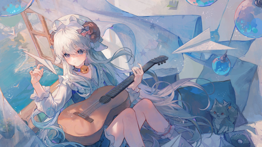 1girl absurdres acoustic_guitar blue_eyes bow cat closed_mouth dress frilled_dress frills guitar hair_bow hat highres holding holding_instrument horns instrument long_hair long_sleeves maccha_(mochancc) original paper_airplane pillow sitting solo white_hair