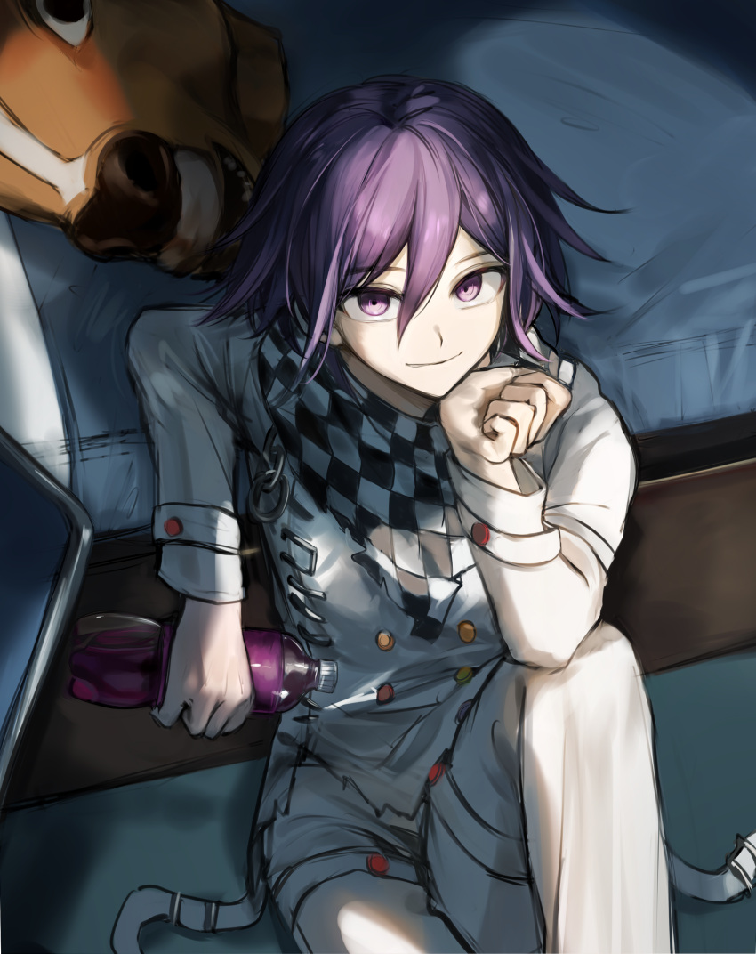 1boy absurdres bangs bed bottle checkered checkered_scarf closed_mouth commentary_request dangan_ronpa_(series) dangan_ronpa_v3:_killing_harmony fanta feet_out_of_frame from_above hair_between_eyes head_rest highres holding holding_bottle horse_head indoors jacket long_sleeves looking_at_viewer male_focus muuyiie ouma_kokichi pants purple_hair scarf short_hair sitting smile soda_bottle solo straitjacket violet_eyes white_jacket white_pants