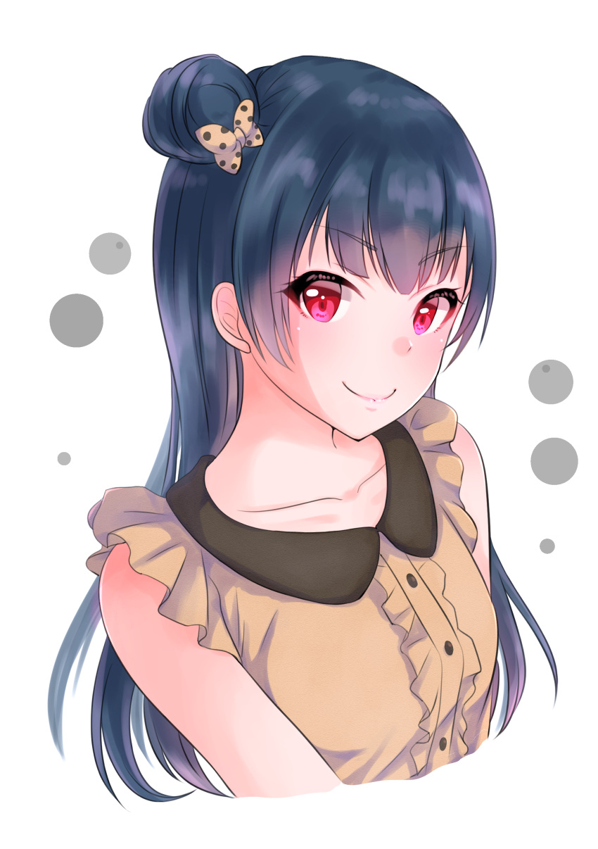 1girl absurdres bangs blue_hair bow closed_mouth collarbone cropped_arms cropped_torso dress_shirt eyebrows_visible_through_hair hair_bow hair_bun highres kobayashi_nyoromichi long_hair love_live! love_live!_sunshine!! polka_dot polka_dot_bow red_eyes shiny shiny_hair shirt sleeveless sleeveless_shirt smile solo tsushima_yoshiko upper_body white_background yellow_bow