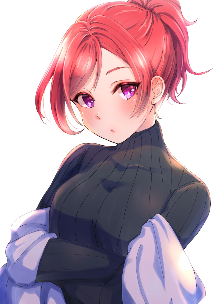 1girl absurdres bangs blush closed_mouth crossed_arms highres kobayashi_nyoromichi long_sleeves looking_at_viewer love_live! love_live!_school_idol_project nishikino_maki ponytail redhead ribbed_sweater shiny shiny_hair short_hair simple_background solo sweater swept_bangs tied_hair turtleneck turtleneck_sweater upper_body violet_eyes white_background