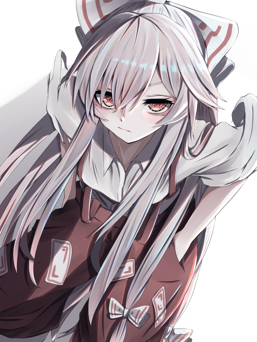 1girl :/ bow breasts closed_mouth collared_shirt dutch_angle eyebrows_behind_hair fall_dommmmmer feet_out_of_frame fujiwara_no_mokou hair_between_eyes hair_bow hands_in_pockets highres leaning_forward long_hair looking_at_viewer ofuda pants red_eyes red_pants shirt short_sleeves silver_hair simple_background small_breasts solo suspenders torn_clothes touhou very_long_hair white_background white_bow white_shirt
