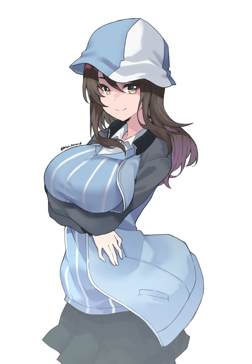 1girl bangs blue_headwear blue_jacket blue_shirt breast_hold breasts brown_eyes brown_hair closed_mouth commentary cowboy_shot crossed_arms dress_shirt girls_und_panzer grey_skirt hat highres jacket keizoku_military_uniform keizoku_school_uniform kimi_tsuru large_breasts long_hair long_sleeves looking_at_viewer mika_(girls_und_panzer) military military_uniform miniskirt open_clothes open_jacket pleated_skirt raglan_sleeves school_uniform shirt simple_background skirt smile standing striped striped_shirt track_jacket tulip_hat twitter_username uniform vertical-striped_shirt vertical_stripes white_background white_shirt wing_collar