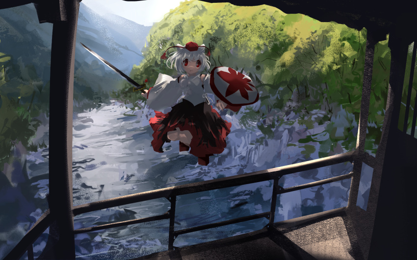 1girl :/ bare_shoulders black_skirt breasts closed_mouth day detached_sleeves geta hat highres holding holding_shield holding_sword holding_weapon inubashiri_momiji jumping leaf_print long_sleeves maple_leaf_print mountain railing red_eyes red_footwear red_headwear red_skirt river shield shirt short_hair skirt sky sleeveless sleeveless_shirt small_breasts solo sword tassel tengu-geta tokin_hat touhou two-tone_skirt ushitsuchi water weapon white_hair white_shirt wide_sleeves