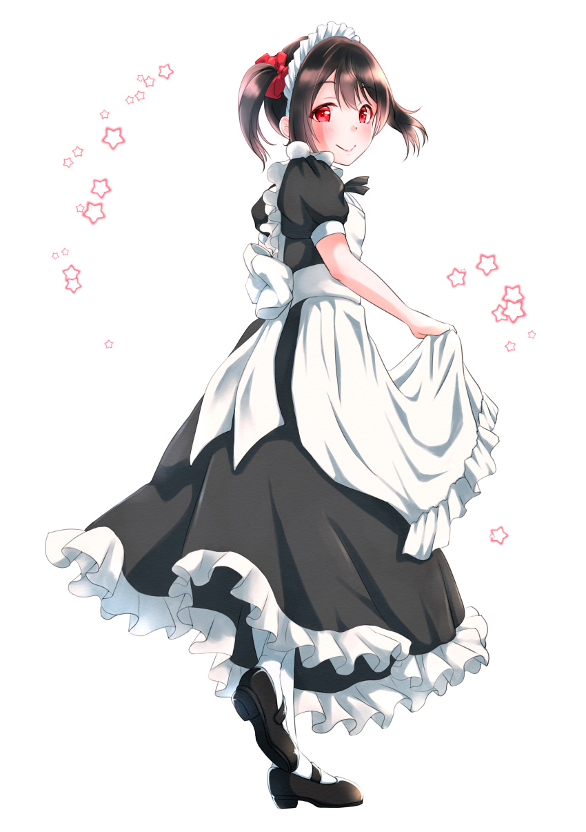 1girl absurdres alternate_costume apron apron_lift bangs black_footwear black_hair black_ribbon black_shirt black_skirt blush bow closed_mouth enmaided frilled_skirt frills from_side hair_between_eyes hair_bow highres kobayashi_nyoromichi long_skirt looking_at_viewer love_live! love_live!_school_idol_project maid maid_headdress mary_janes neck_ribbon red_bow red_eyes ribbon shiny shiny_hair shirt shoes short_hair short_sleeves skirt smile solo standing standing_on_one_leg twintails white_apron white_background white_legwear yazawa_nico