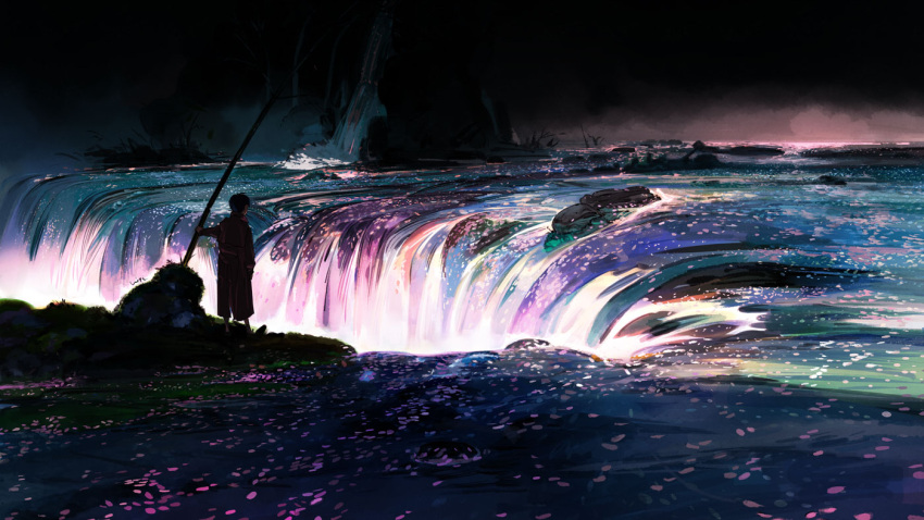 1boy black_hair black_sky from_behind glowing glowing_liquid holding looking looking_down night original outdoors petals rock scenery shorts silhouette solo standing steam ukumo_uichi water waterfall