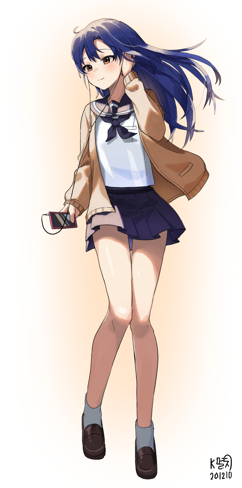 1girl absurdres ahoge blue_hair blue_sailor_collar blue_skirt blush brown_cardigan brown_eyes brown_footwear cardigan cellphone closed_mouth collared_shirt dated earphones floating_hair full_body grey_legwear hand_in_hair highres holding holding_phone idolmaster idolmaster_(classic) kisaragi_chihaya loafers long_hair long_sleeves miniskirt myeolchi open_cardigan open_clothes phone pleated_skirt sailor_collar sailor_shirt school_uniform shiny shiny_hair shirt shoes skirt smartphone smile socks solo standing white_background white_shirt