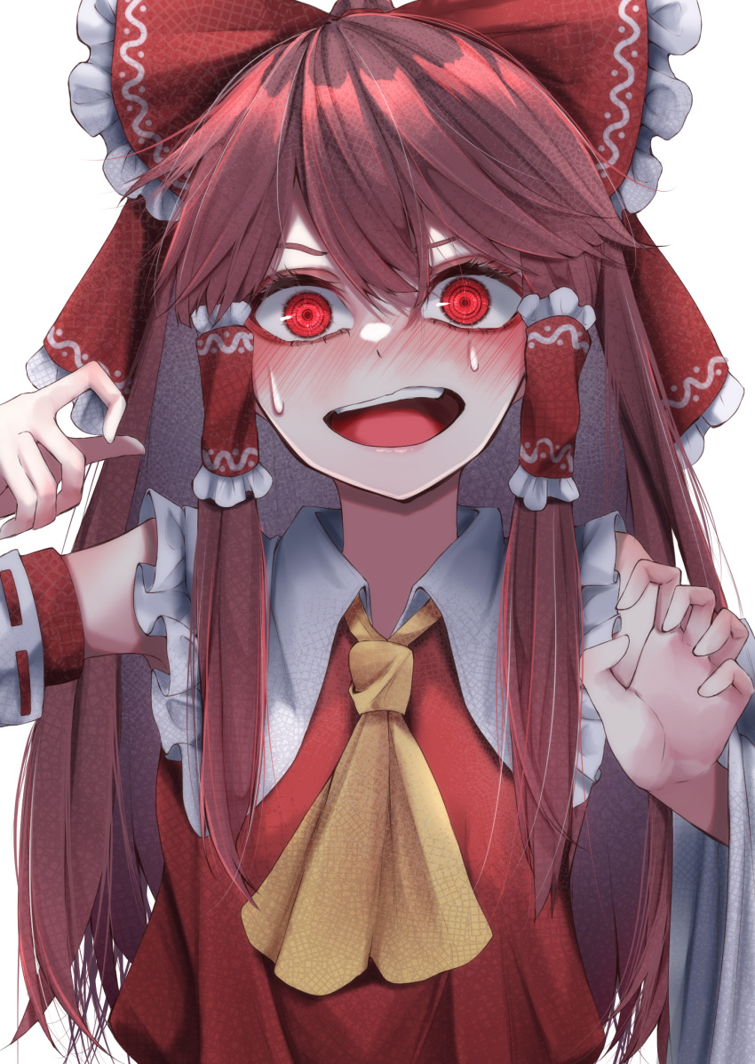 1girl ascot bangs blush bow breasts brown_hair claw_pose detached_sleeves eyebrows_behind_hair fall_dommmmmer hair_between_eyes hair_bow hair_tubes hakurei_reimu hands_up highres long_hair looking_at_viewer nose_blush open_mouth red_bow red_eyes red_vest sidelocks simple_background small_breasts solo sweatdrop touhou upper_body upper_teeth vest white_background wide-eyed wide_sleeves yellow_neckwear