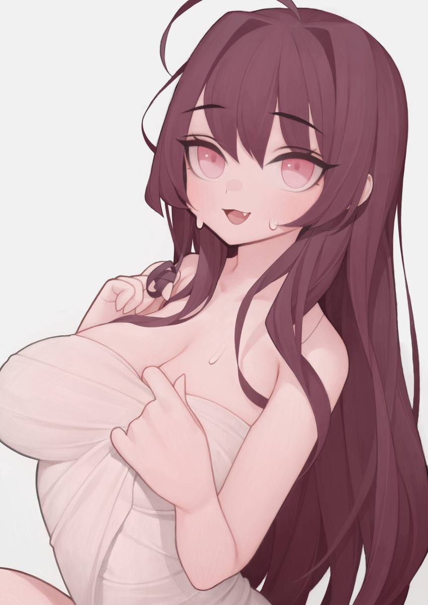 1girl absurdres ahoge bare_shoulders blush breasts cleavage collarbone eyebrows_visible_through_hair eyes_visible_through_hair fang grey_background highres large_breasts long_hair open_mouth original pink_eyes purple_hair rabbit_(wlsdnjs950) simple_background smile solo sweat tongue