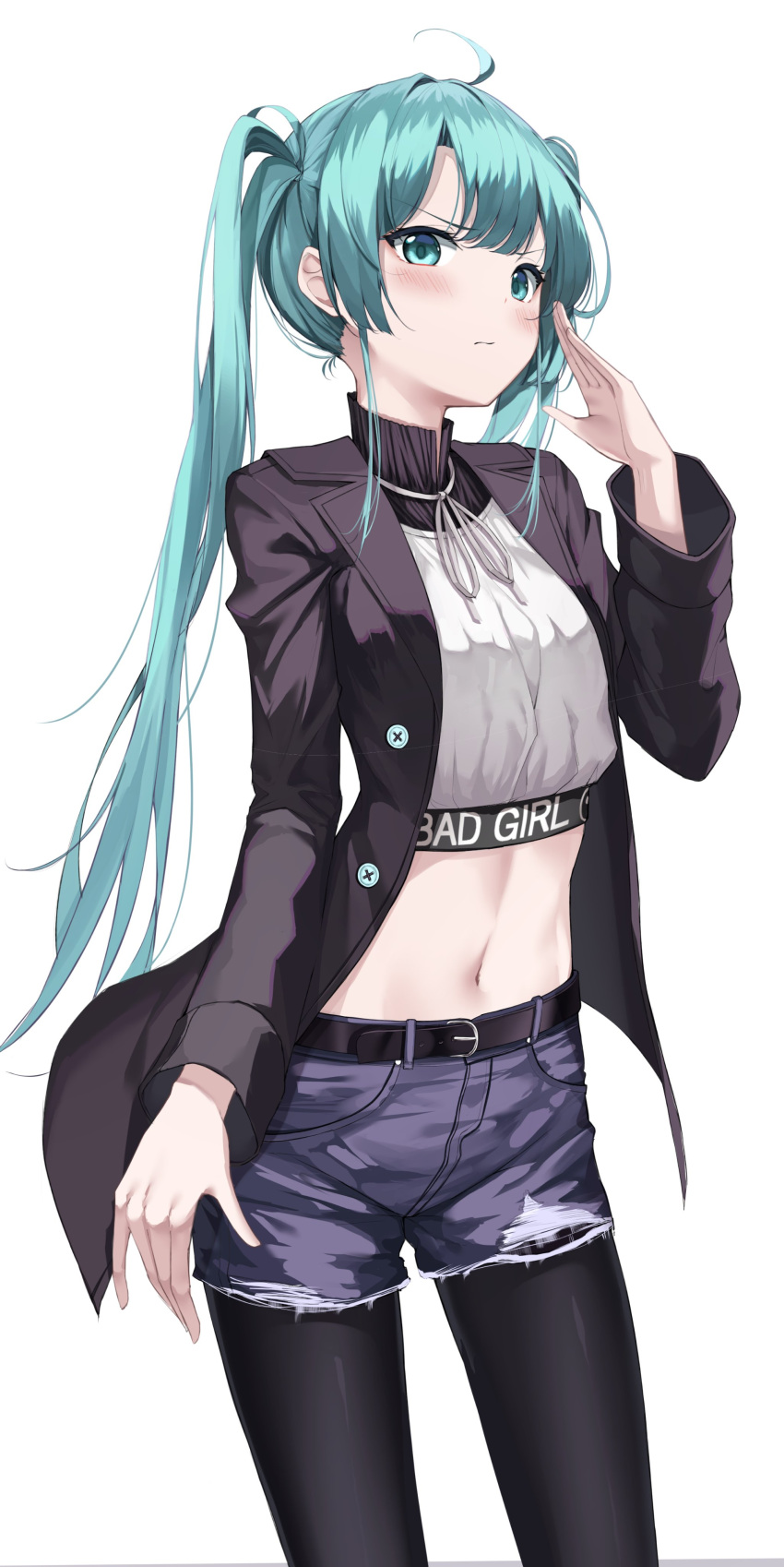 1girl absurdres ahoge apple_ringo aqua_eyes aqua_hair belt black_coat black_legwear blue_shorts buttons closed_mouth clothes_writing coat cowboy_shot crop_top cutoffs denim denim_shorts flat_chest hair_ribbon hand_up hatsune_miku highres long_hair long_sleeves looking_at_viewer midriff navel open_clothes open_coat pantyhose ribbon shirt short_shorts shorts sidelocks simple_background solo standing stomach thighs turtleneck twintails v-shaped_eyebrows vocaloid white_background white_shirt wing_collar