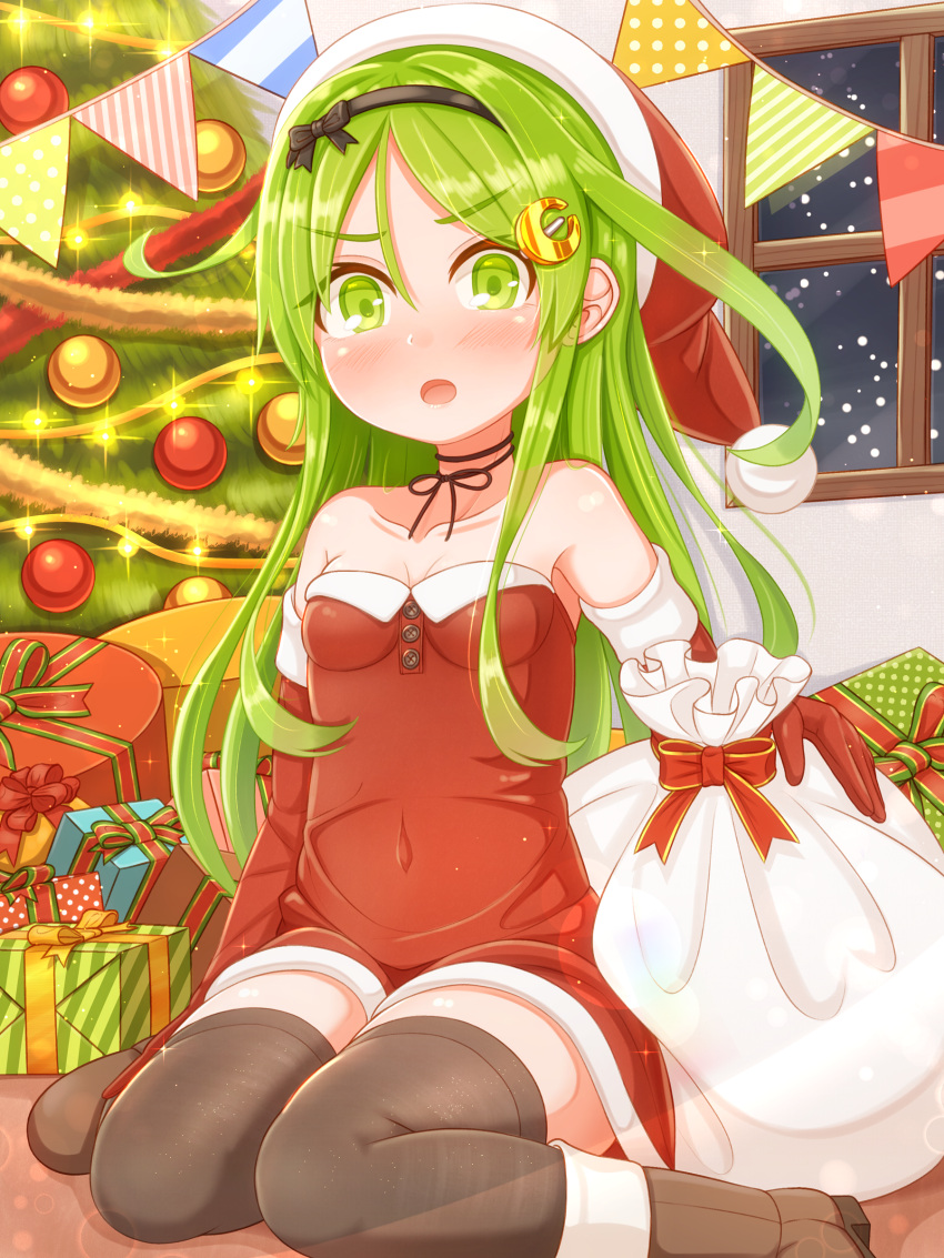1girl absurdres black_legwear blush boots box breasts brown_footwear christmas christmas_tree collarbone crescent crescent_hair_ornament elbow_gloves eyebrows_visible_through_hair gift gift_box gloves green_eyes green_hair hair_ornament hat highres kantai_collection long_hair nagatsuki_(kantai_collection) open_mouth red_gloves sack santa_costume santa_hat small_breasts solo suzushiro_(gripen39) thigh-highs window