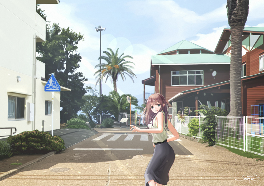 1girl alarm_siren arms_up bare_arms belt black_skirt blue_eyes blue_sky breasts brown_hair clouds commentary_request crosswalk day fence house lens_flare long_hair looking_at_viewer looking_back manhole_cover medium_breasts open_mouth original outdoors palm_tree photo_background road_sign scenery sena_(illust_sena) shirt sign skirt sky sleeveless sleeveless_shirt solo summer topiary traffic_mirror tree upper_teeth very_long_hair white_shirt