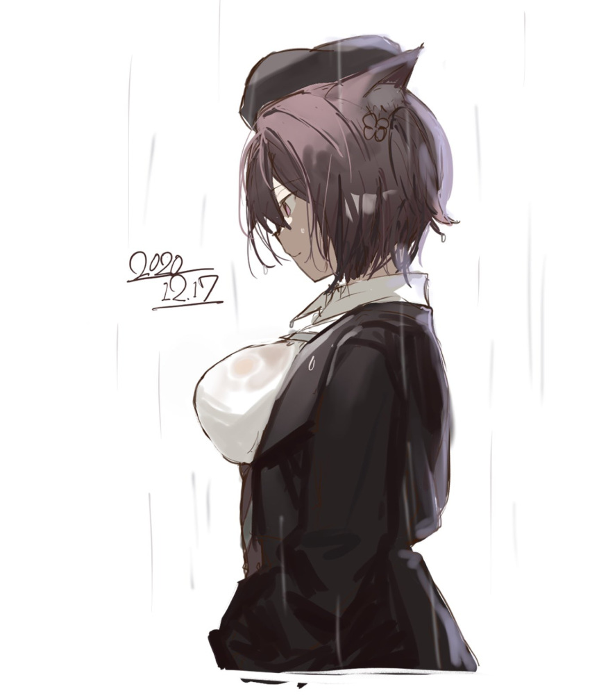 1girl animal_ears arknights black_headwear black_jacket breasts collared_shirt commentary cropped_torso dated dur-nar_(arknights) fox_ears highres jacket large_breasts looking_down open_clothes open_jacket otsumami_(02mami) purple_hair rain shirt short_hair solo standing upper_body violet_eyes wet white_background white_shirt