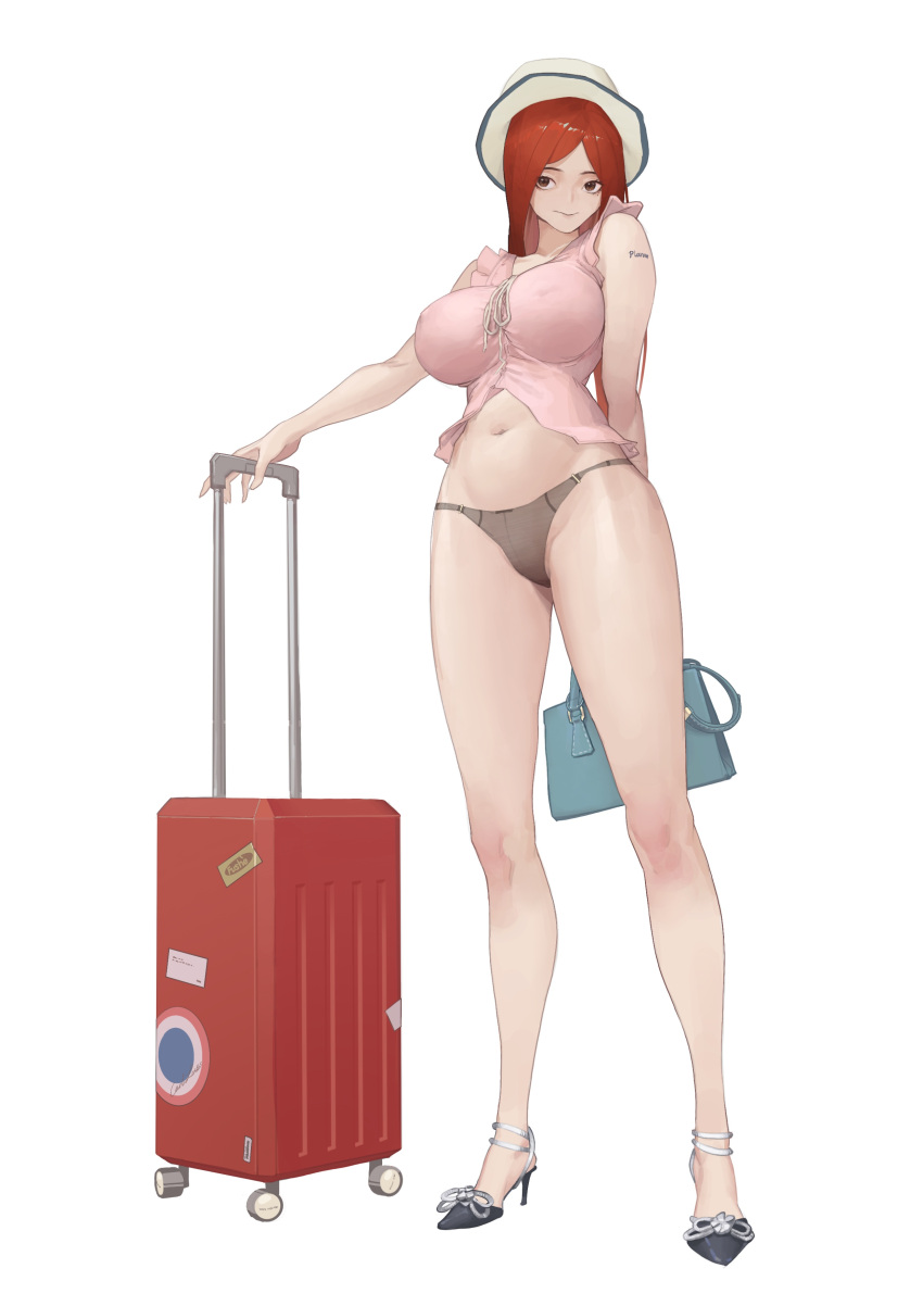 1girl absurdres artist_name bag bare_arms black_panties breasts brown_eyes crop_top full_body fushe handbag hat high_heels highres impossible_clothes impossible_shirt large_breasts long_hair looking_at_viewer luggage navel original panties pink_shirt redhead ribbon rolling_suitcase shirt simple_background sleeveless sleeveless_shirt smile solo standing stomach strappy_heels tattoo underwear white_background white_headwear