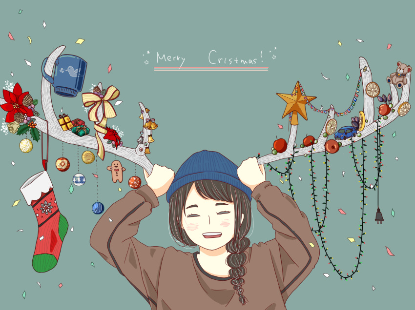 1girl antlers apple aqua_background beanie bell blue_headwear blush brown_hair brown_shirt christmas_ornaments closed_eyes confetti food fruit hat highres holding long_hair long_sleeves merry_christmas open_mouth original shirt smile solo stuffed_animal stuffed_toy teddy_bear upper_body yoshimon