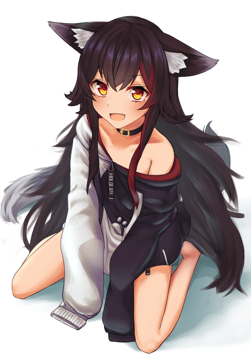 1girl absurdres animal_ear_fluff animal_ears bare_legs barefoot black_choker black_hair black_hoodie blush choker commentary eyebrows_visible_through_hair fang flat_chest full_body hair_between_eyes hair_ornament highres hololive hood hoodie long_hair looking_at_viewer multicolored_hair off_shoulder ookami_mio open_mouth orange_eyes paw_print_pattern redhead simple_background sitting skin_fang sleeves_past_fingers sleeves_past_wrists smile solo streaked_hair tail two-tone_hoodie virtual_youtuber vr_inaba wariza white_background white_hoodie wolf_ears wolf_tail younger