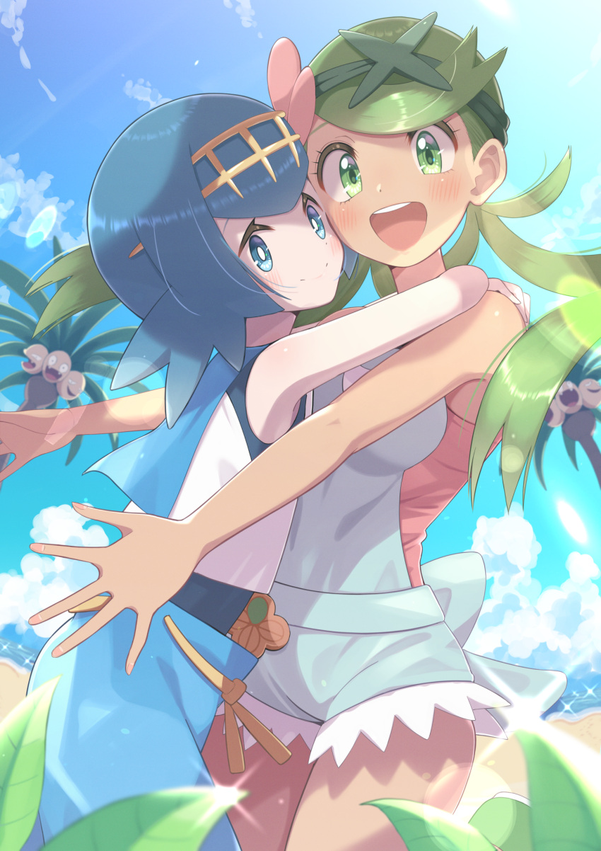 2girls alolan_exeggutor alolan_form bangs blue_eyes blue_hair blue_pants blush closed_mouth clouds commentary_request day floating_hair gen_7_pokemon green_eyes green_hair hair_ornament hairband highres hug lana_(pokemon) long_hair mallow_(pokemon) multiple_girls open_mouth otyaduke outdoors pants pokemon pokemon_(creature) pokemon_(game) pokemon_sm shiny shiny_hair shirt sky sleeveless sleeveless_shirt smile sparkle swept_bangs swimsuit swimsuit_under_clothes teeth tongue trial_captain twintails