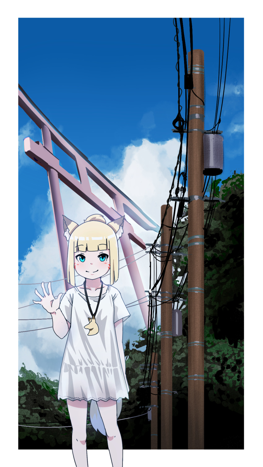 1girl animal_ear_fluff animal_ears aqua_eyes bangs blonde_hair blunt_bangs border eyebrows_visible_through_hair facial_mark fox_ears fox_girl fox_tail highres kono_tsukuha kuro_kosyou looking_at_viewer original ornament outdoors outside_border power_lines shirt short_ponytail sidelocks sky smile solo standing tail torii tree utility_pole waving white_border white_shirt