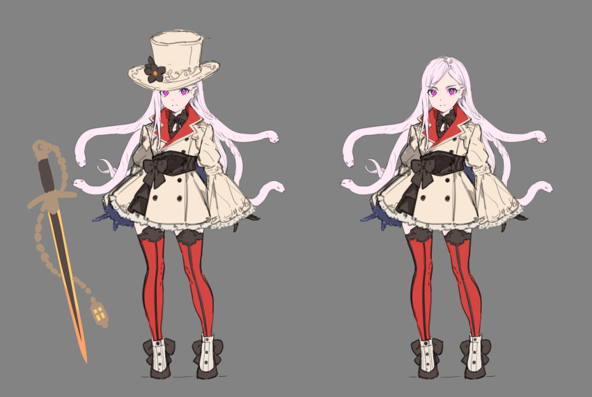 1girl arms_at_sides black_gloves bow closed_mouth coat double-breasted enkyo_yuuichirou flower full_body gloves gorgon grey_background hat hat_flower highres long_hair long_sleeves looking_at_viewer multiple_views neck_ribbon original pink_hair ribbon sash shoes simple_background sleeves_past_wrists snake snake_hair standing sword thigh-highs top_hat violet_eyes weapon yellow_coat yellow_headwear