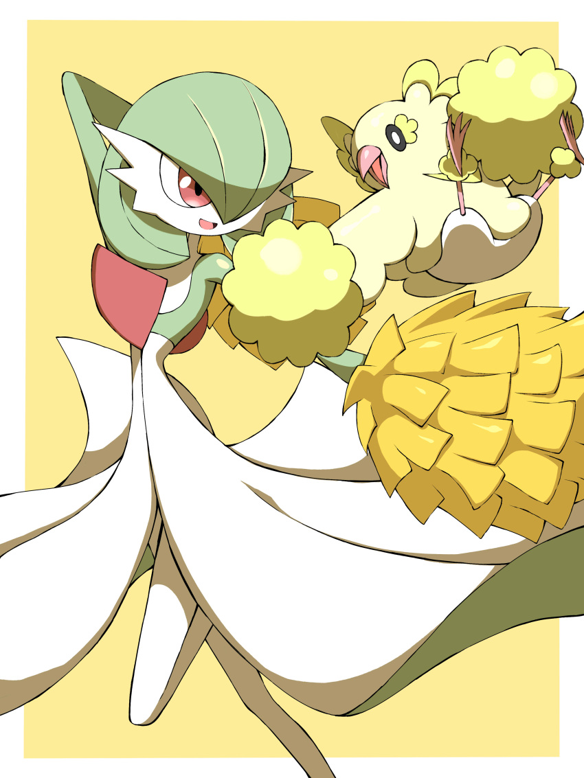 absurdres bird commentary_request creature gardevoir gen_3_pokemon gen_7_pokemon highres jahana_mei looking_at_another open_mouth oricorio oricorio_(pom-pom) pokemon pokemon_(creature) red_eyes smile tongue yellow_background