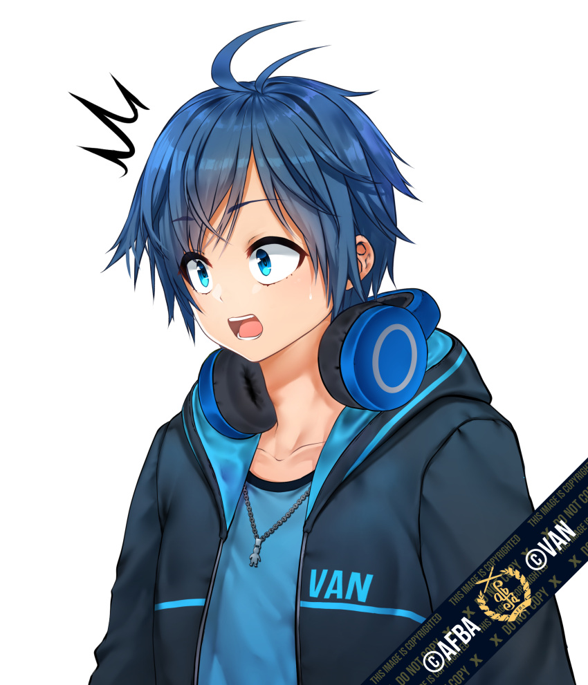 1boy ^^^ absurdres afba bangs blue_hair blush collarbone commission ears english_commentary english_text eyebrows_visible_through_hair hair_between_eyes headphones headphones_around_neck highres hood hood_down hoodie jewelry necklace open_mouth original short_hair short_sleeves simple_background surprised teeth white_background wide-eyed