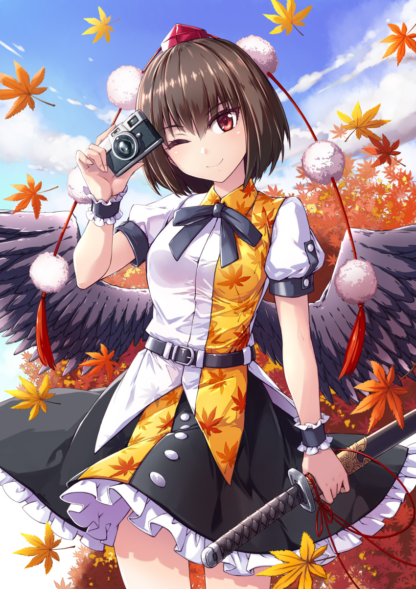 1girl absurdres autumn_leaves bird_wings black_bow black_skirt black_wings blue_sky bow brown_eyes brown_hair camera eyebrows_visible_through_hair fish.boy frilled_skirt frills hat highres holding holding_sword holding_weapon leaf-pattern_stripe looking_at_viewer one_eye_closed outdoors pom_pom_(clothes) puffy_short_sleeves puffy_sleeves red_eyes shameimaru_aya shirt short_hair short_sleeves skirt sky solo sword tokin_hat touhou weapon white_shirt wings