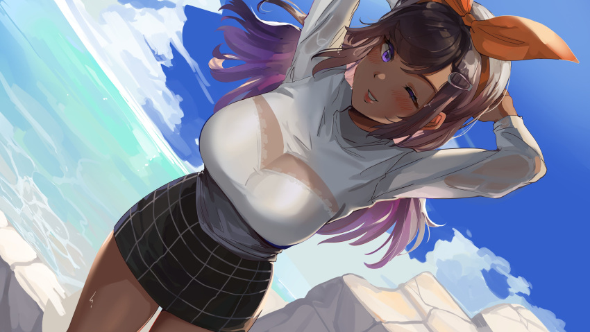 1girl absurdres beach blush breasts commission dark_skin hair_ornament hair_ribbon hairclip highres large_breasts long_hair looking_at_viewer multicolored_hair one_eye_closed open_mouth original ormille purple_hair ribbon skirt sky smile stone sweater tight turtleneck turtleneck_sweater violet_eyes