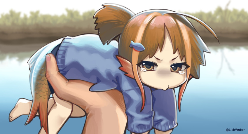 1girl bangs barefoot blue_shirt brown_eyes brown_hair bsapricot commentary english_commentary fish_girl fish_hair_ornament fish_tail hair_ornament hairclip head_fins highres holding lake long_sleeves minigirl multicolored_hair o3o orange_hair original parted_bangs personification pout pov pov_hands shirt short_hair solo_focus streaked_hair tail tearing_up twitter_username water