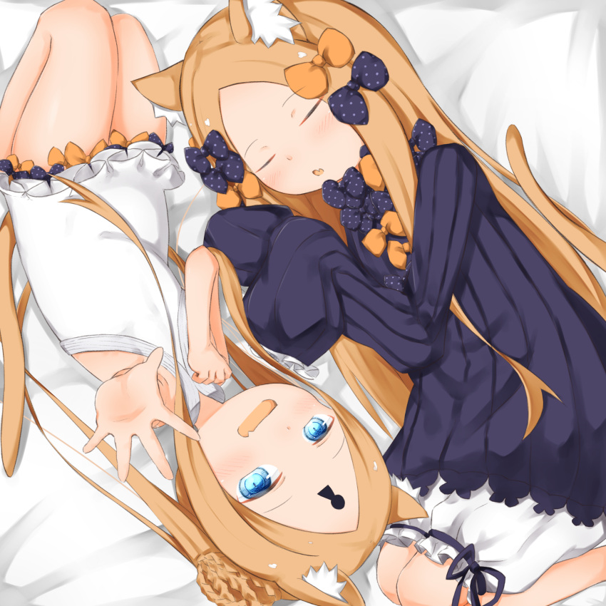 2girls :d :o abigail_williams_(fate/grand_order) animal_ear_fluff animal_ears bangs bare_arms bare_shoulders bed_sheet black_bow black_dress blonde_hair bloomers blue_eyes blush bow cat_ears cat_girl cat_tail commentary_request dress dual_persona fang fate/grand_order fate_(series) feet_out_of_frame forehead foreshortening hair_bow highres kemonomimi_mode keyhole long_hair long_sleeves lying multiple_girls on_side open_mouth orange_bow outstretched_arm parted_bangs parted_lips polka_dot polka_dot_bow sleeves_past_fingers sleeves_past_wrists smile su_guryu swimsuit tail underwear very_long_hair white_bloomers white_swimsuit