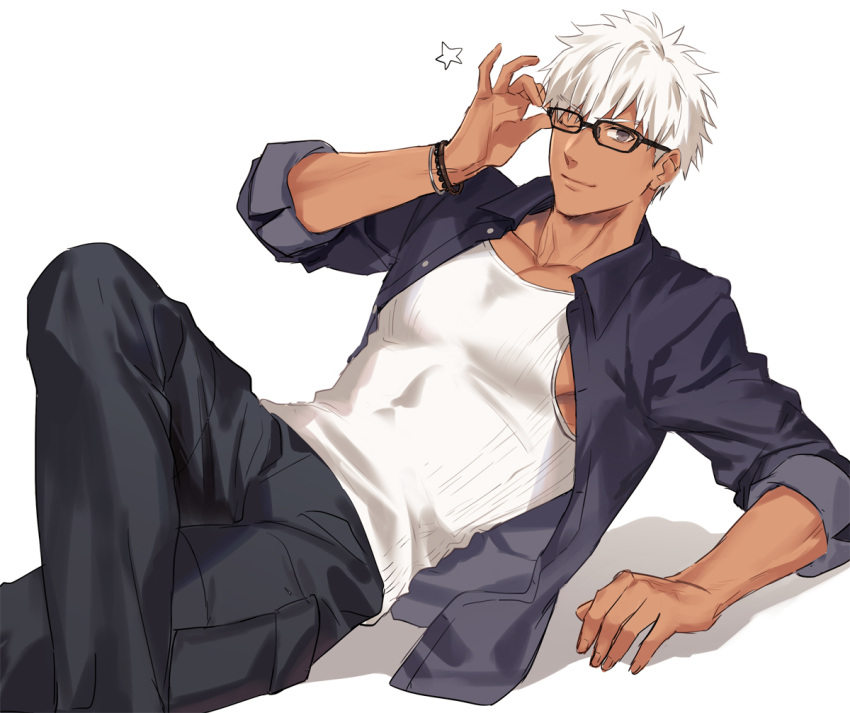 1boy adjusting_eyewear archer black-framed_eyewear black_pants bracelet brown_eyes collared_jacket crossed_legs dark_skin dark_skinned_male fate/grand_order fate_(series) feet_out_of_frame jacket jewelry male_focus oh_ki_ik one_eye_closed open_clothes open_jacket pants pectorals sitting smile solo summer_casual_(fate/grand_order) tank_top toned toned_male white_background white_hair white_tank_top