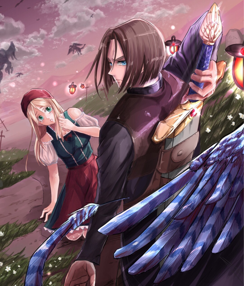 1boy arm_behind_back blonde_hair blue_eyes blue_feathers blue_wings closed_mouth clouds cloudy_sky dragon_quest dragon_quest_xi dress emma_(dq11) feathers flower flying glowing grass greatsword green_eyes hair_scarf hand_on_ground hand_on_weapon hero_(dq11) highres kutiduke001 long_hair looking_at_viewer looking_back monster mountain open_mouth serious sheath sheathed sky tombstone twilight weapon weapon_on_back wings