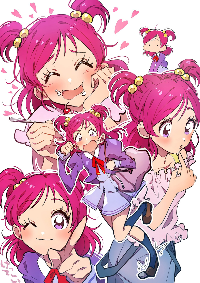 5girls absurdres bangs blush closed_eyes eating eyelashes grgrton hair_ornament happy highres juliet_sleeves l'ecole_des_cinq_lumieres_school_uniform long_sleeves multiple_girls multiple_persona one_eye_closed pink_hair precure puffy_long_sleeves puffy_sleeves ribbon school_uniform shirt shoes short_hair simple_background smile socks spoon swept_bangs two_side_up violet_eyes white_background yes!_precure_5 yes!_precure_5_gogo! yumehara_nozomi