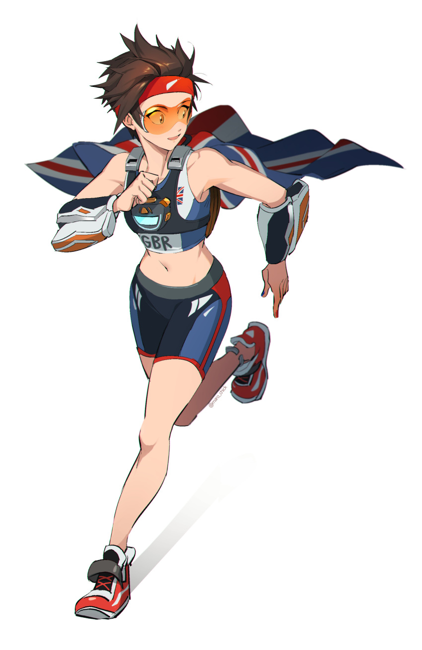 1girl absurdres alternate_costume bare_shoulders brown_eyes brown_hair cape chest_harness commentary english_commentary flag flag_print full_body goggles harness headband highres looking_away maro_(lij512) midriff navel overwatch parted_lips red_footwear red_headband running shoes short_hair shorts simple_background smile sneakers solo spiky_hair stomach tracer_(overwatch) union_jack white_background