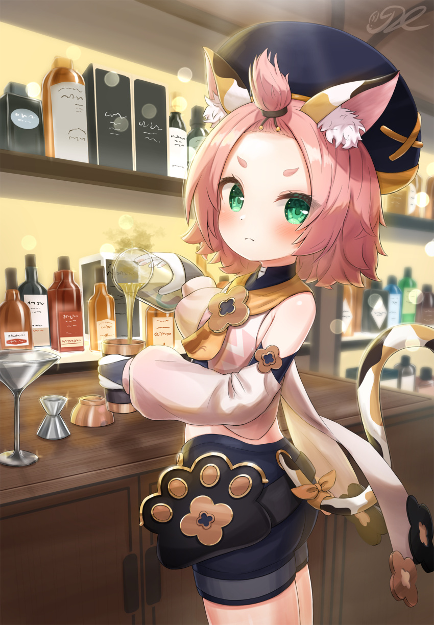 1girl alcohol animal_ears bag bare_shoulders bartender blush bottle cabbie_hat cat_ears cat_tail cup detached_sleeves diona_(genshin_impact) drinking_glass genshin_impact green_eyes hair_ornament hat highres j2l long_sleeves looking_at_viewer paw_print pink_hair sake short_hair shorts sleeveless solo standing tail tied_hair wine_bottle wine_glass