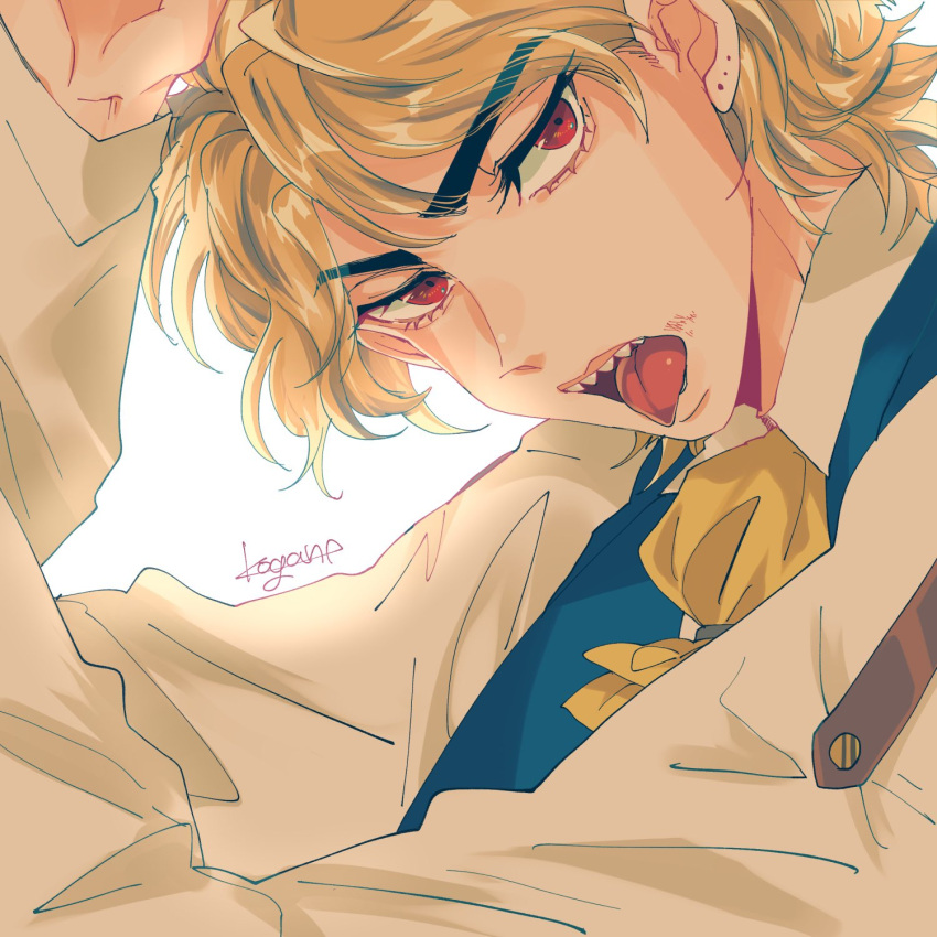 1boy blonde_hair collared_shirt cravat dio_brando eyebrows_visible_through_hair eyelashes highres jojo_no_kimyou_na_bouken kogatarou light long_sleeves looking_at_viewer male_focus mole open_mouth phantom_blood portrait red_eyes scrape sharp_teeth shirt short_hair signature simple_background solo teeth tongue tongue_out vest white_background yellow_neckwear