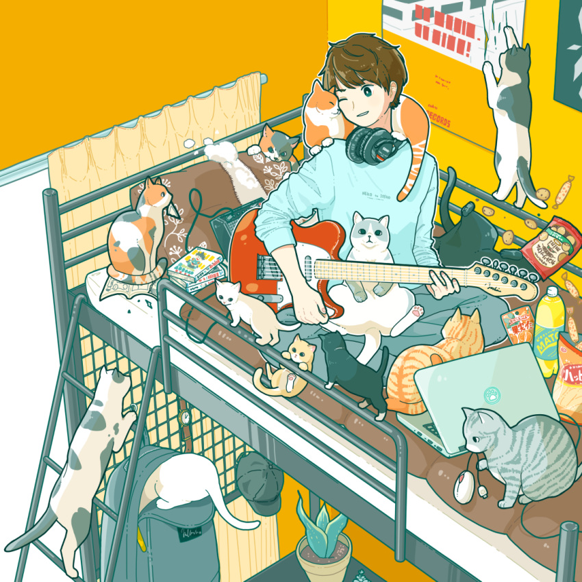 1boy aqua_shirt black_cat brown_hair cat curtains electric_guitar grey_pants guitar hat headphones instrument long_sleeves mouse_(computer) one_eye_closed orange_cat original pants plant poster_(object) potted_plant shirt short_hair solo spotted_fur striped_fur white_cat yoshimon
