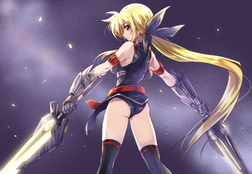 1girl arm_belt ass bangs bardiche black_legwear black_leotard black_ribbon blonde_hair closed_mouth commentary_request dual_wielding energy_sword eyebrows_visible_through_hair fate_testarossa from_behind gauntlets gloves grey_gloves hair_ribbon highres holding holding_weapon kuroi_mimei leotard light_particles long_hair looking_at_viewer looking_back lyrical_nanoha magical_girl mahou_shoujo_lyrical_nanoha_strikers ponytail red_eyes ribbon single_horizontal_stripe sleeveless smile solo sword thigh-highs very_long_hair weapon wind