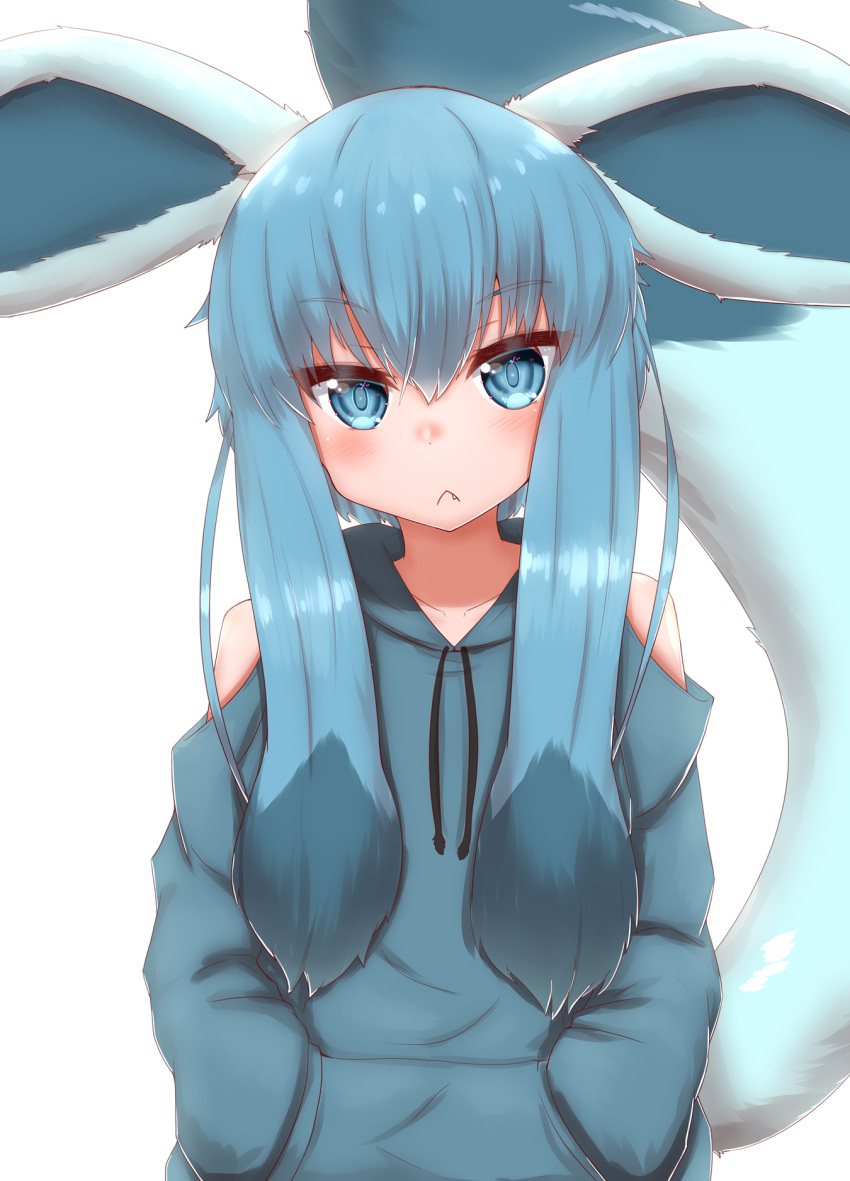 1girl :&lt; animal_ears bangs bare_shoulders blue_eyes blush closed_mouth clothing_cutout collarbone commentary_request eyebrows_visible_through_hair fang fang_out gen_4_pokemon glaceon green_hoodie hands_in_pockets highres hood hoodie horokusa_(korai) looking_at_viewer personification pokemon pokemon_(creature) pokemon_tail shiny shiny_hair shoulder_cutout solo white_background