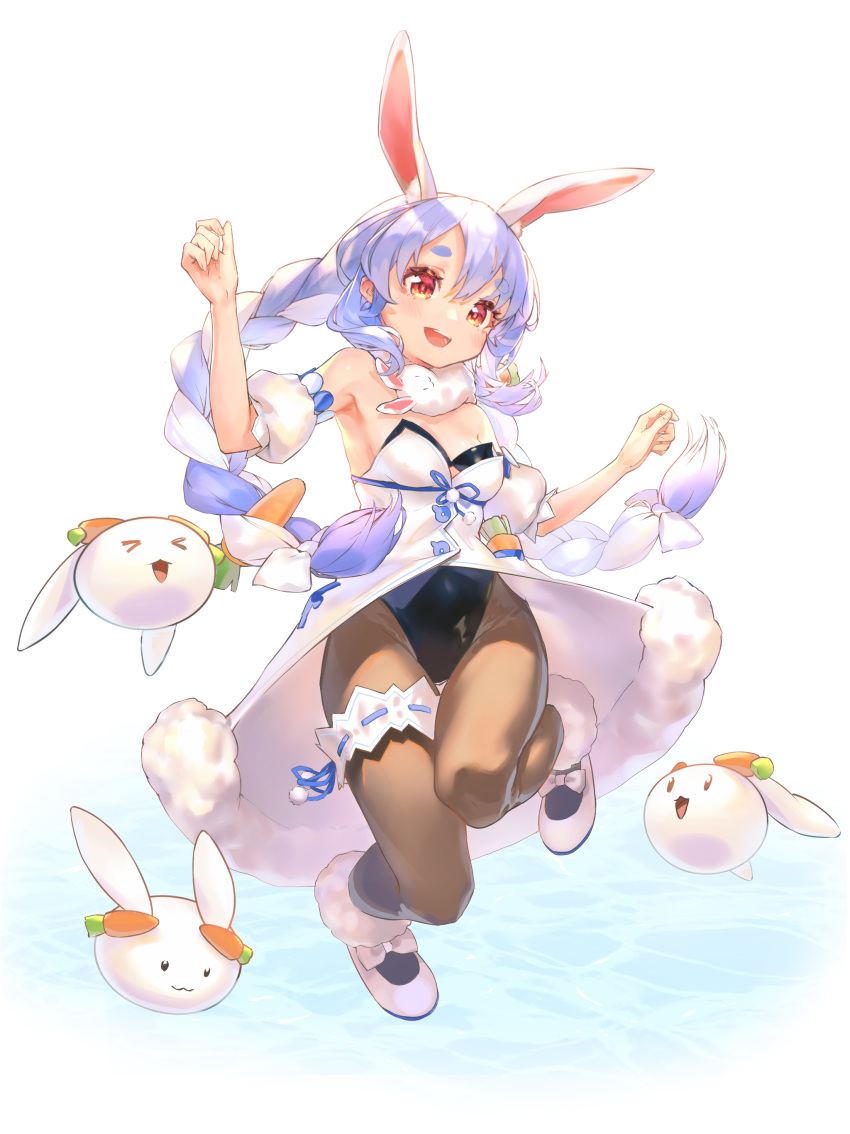 &gt;_&lt; 1girl :3 :d absurdres animal_ears blue_hair bow braid breasts brown_legwear carrot don-chan_(usada_pekora) dress full_body fur-trimmed_dress fur_trim garters highres hololive illui_desu jumping leotard looking_at_viewer multicolored_hair nousagi_(usada_pekora) open_mouth pantyhose pom_pom_(clothes) rabbit_ears red_eyes ribbon-trimmed_garter shoe_bow shoes simple_background small_breasts smile solo twin_braids twintails two-tone_hair usada_pekora w_arms water white_background white_dress xd