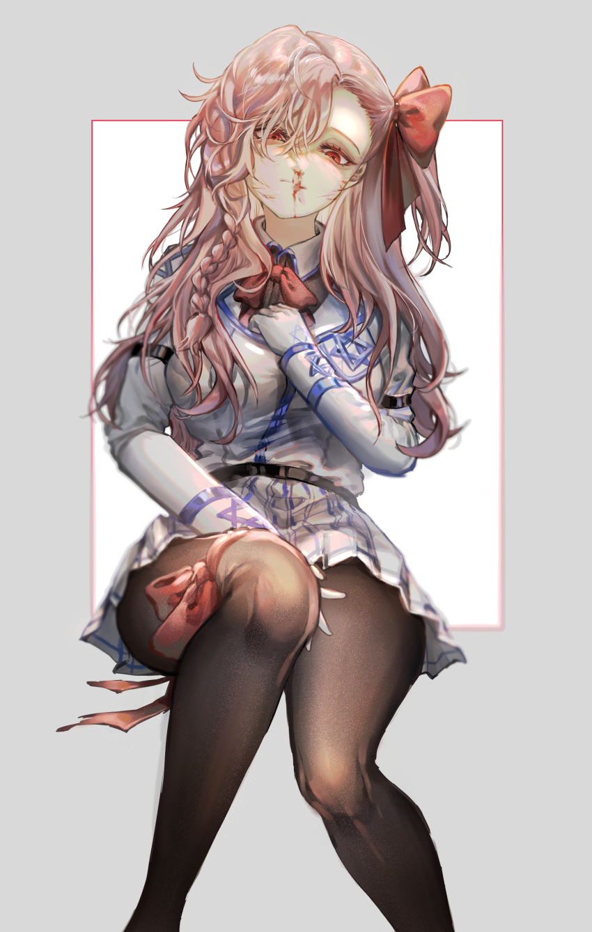 1girl absurdres black_legwear bleeding blood girls_frontline gloves hair_between_eyes hair_ornament hexagram highres ind_(121) long_hair looking_at_viewer negev_(girls_frontline) pantyhose pink_hair red_eyes ribbon simple_background sitting skirt star_of_david white_gloves