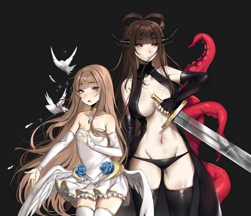 2girls angel_wings artificial_world bare_shoulders bird black_background black_coat black_legwear black_panties blue_eyes blue_flower blue_rose blush brown_hair chest_jewel closed_mouth coat commentary detached_sleeves dove english_commentary eyebrows_visible_through_hair feathered_wings flower highres holding holding_sword holding_weapon horns long_hair long_sleeves looking_at_viewer low_wings miniskirt multiple_girls multiple_horns navel open_clothes open_coat panties pleated_skirt ren_(terupancake) reverse_grip rose shukumei_(terupancake) simple_background skirt smile sparkle standing sword tentacles terupancake thigh-highs underwear very_long_hair weapon white_legwear white_skirt white_wings wings zettai_ryouiki