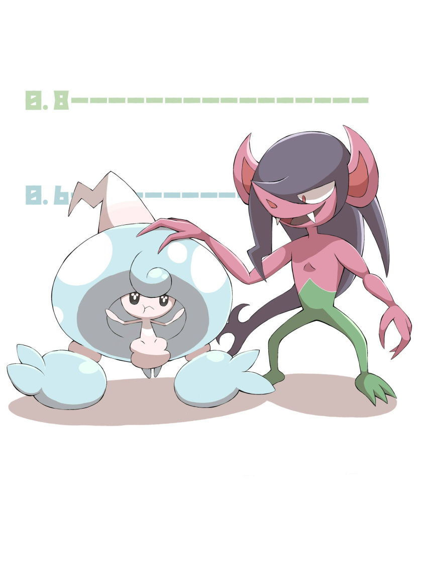 :t closed_mouth commentary_request fangs gen_8_pokemon hattrem height_chart highres jahana_mei legs_apart morgrem open_mouth petting pokemon pokemon_(creature) smile standing toes tongue