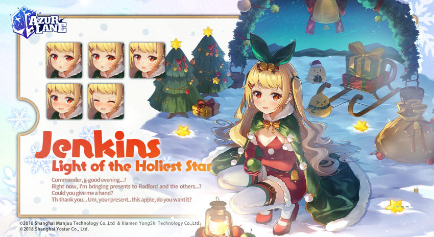 &gt;_&lt; 1girl azur_lane bangs bell bird blonde_hair box breasts cape character_name chick christmas christmas_ornaments christmas_tree commentary copyright_name dress elbow_gloves english_commentary english_text expressions fur-trimmed_cape fur-trimmed_gloves fur_trim gift gift_box gloves green_cape hair_bell hair_ornament hairclip high_heels highres jenkins_(azur_lane) jenkins_(light_of_the_holiest_star)_(azur_lane) jingle_bell lamp long_hair looking_at_viewer manjuu_(azur_lane) official_alternate_costume official_art open_mouth outdoors promotional_art red_dress red_eyes red_footwear red_gloves sack santa_costume scarf small_breasts snow solo squatting strapless strapless_dress thigh-highs twintails white_legwear