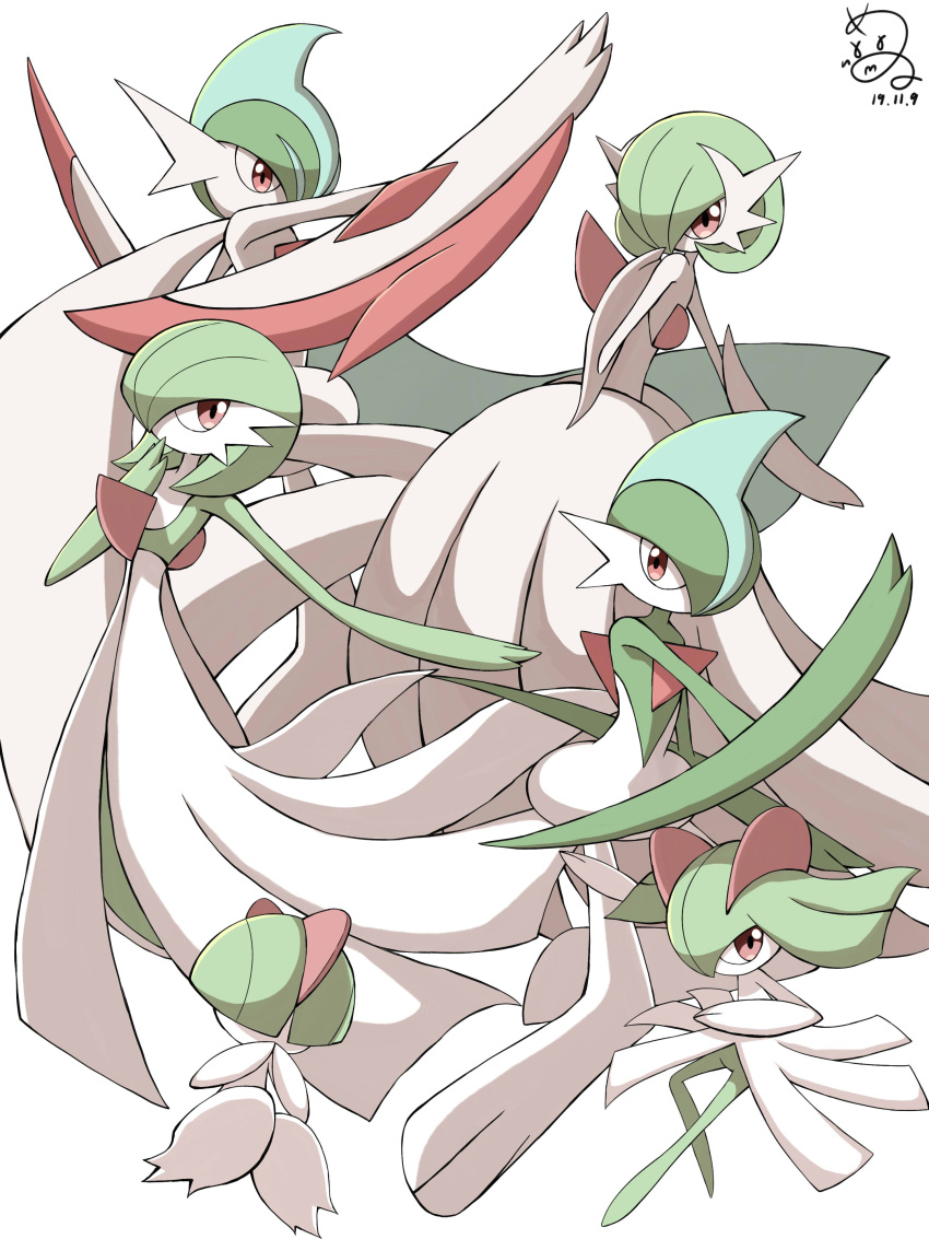 absurdres colored_skin commentary_request dated gallade gardevoir gen_3_pokemon gen_4_pokemon hand_up highres jahana_mei kirlia mega_gallade mega_gardevoir mega_pokemon outstretched_arm pokemon pokemon_(creature) ralts red_eyes signature simple_background white_background white_skin