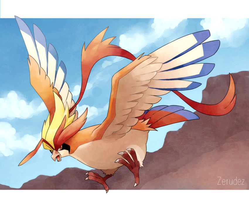artist_name bird blue_sky claws clouds cloudy_sky creature crown_eyes day dutch_angle flying full_body gen_1_pokemon marc_azria mega_pidgeot mega_pokemon outdoors pidgeot pokemon pokemon_(creature) sky solo