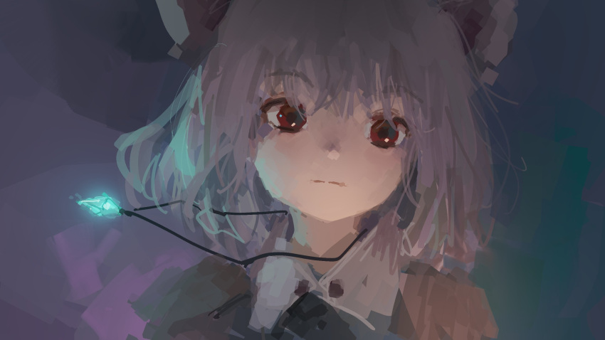 1girl animal_ears bangs closed_mouth expressionless eyebrows_visible_through_hair face glowing gradient gradient_background grey_background grey_hair hair_between_eyes highres jewelry looking_at_viewer mouse_ears nazrin pendant red_eyes reddizen short_hair solo touhou wing_collar