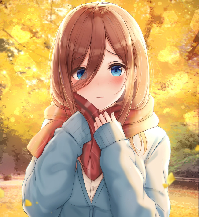 1girl absurdres autumn blue_eyes blue_jacket blurry_foreground blush breasts brown_hair closed_mouth commentary_request day eyebrows_visible_through_hair eyes_visible_through_hair falling_leaves fingernails frown furrowed_eyebrows go-toubun_no_hanayome hair_between_eyes hands_up highres jacket leaf lens_flare long_hair long_sleeves looking_at_viewer nakano_miku outdoors plaid plaid_scarf red_scarf scarf sleeves_past_fingers sleeves_past_wrists small_breasts solo upper_body yukiunag1